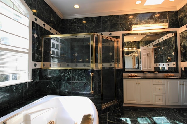 11 Pheasant Ridge Rd, Newtown, CT 06470 - full bath featuring double vanity, a tub with jets, marble finish floors, a shower stall, and crown molding