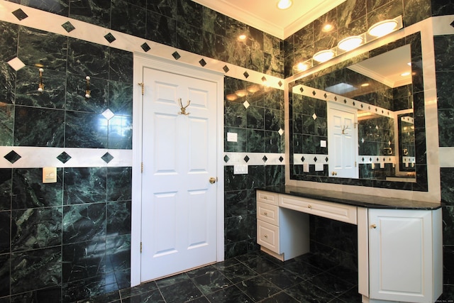 11 Pheasant Ridge Rd, Newtown, CT 06470 - bathroom with ornamental molding, tile walls, vanity, and marble finish flooring