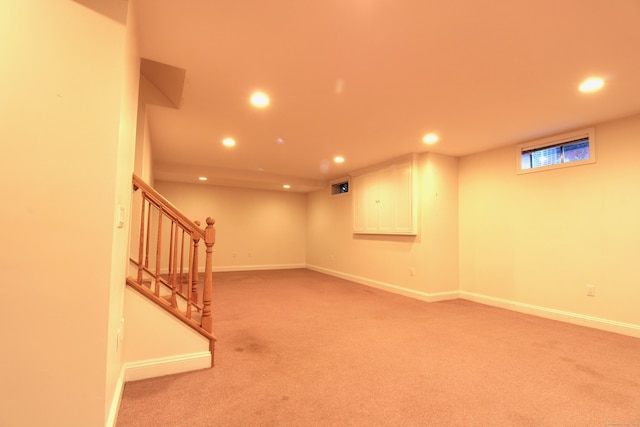 11 Pheasant Ridge Rd, Newtown, CT 06470 - below grade area featuring recessed lighting, light carpet, and stairway