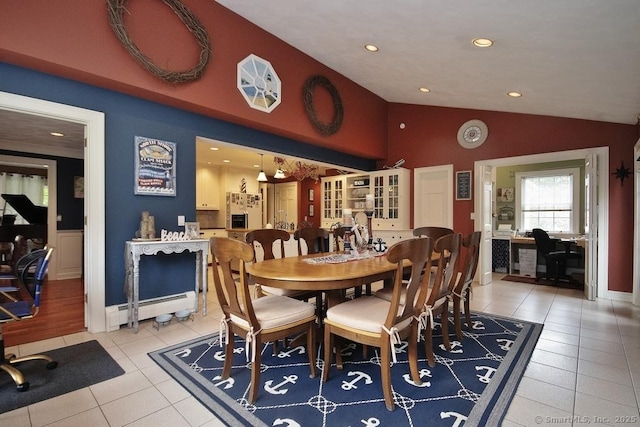 2 Tamshell Dr, Kent, CT 06757 - dining room featuring a baseboard radiator, vaulted ceiling, light tile patterned floors, recessed lighting, and a desk