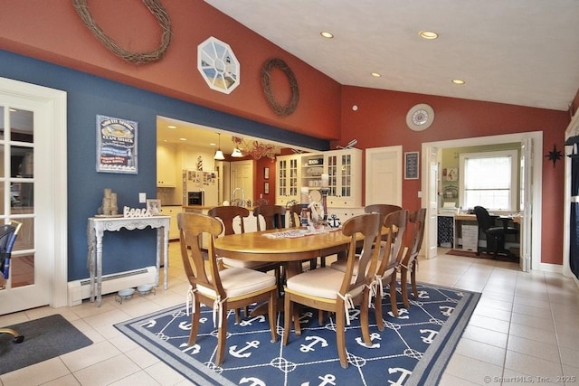 2 Tamshell Dr, Kent, CT 06757 - dining room with lofted ceiling, light tile patterned flooring, a baseboard radiator, and recessed lighting