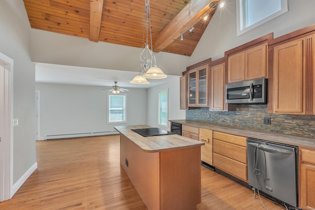23 Ross Rd, Preston, CT 06365 - kitchen with appliances with stainless steel finishes, a baseboard radiator, wood ceiling with exposed beams, high vaulted ceiling, and light wood-style floors