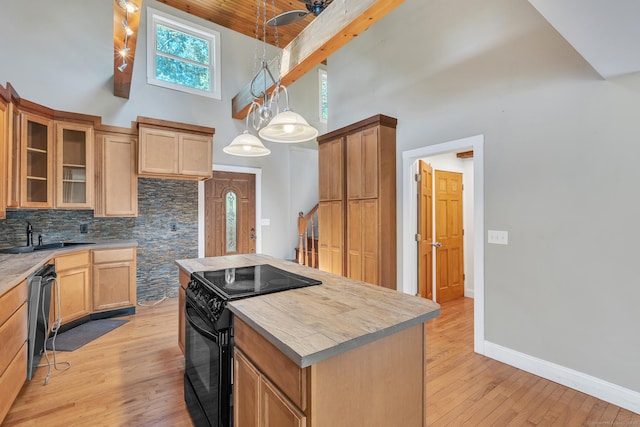 23 Ross Rd, Preston, CT 06365 - kitchen with black range with electric cooktop, a sink, a high ceiling, dishwashing machine, and light wood-style flooring