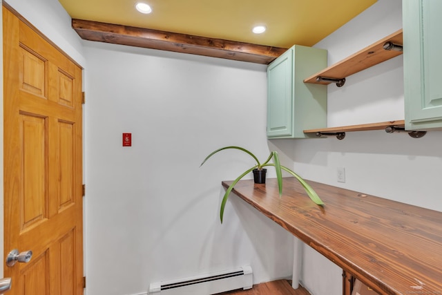 23 Ross Rd, Preston, CT 06365 - interior space featuring baseboard heating, green cabinets, recessed lighting, open shelves, and wood counters