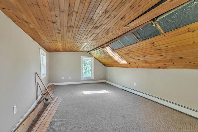 23 Ross Rd, Preston, CT 06365 - additional living space featuring a baseboard heating unit, a skylight, baseboards, carpet, and wood ceiling