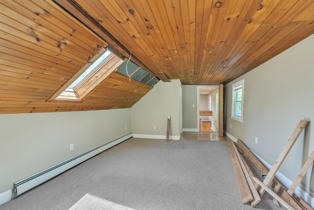 23 Ross Rd, Preston, CT 06365 - additional living space with a baseboard radiator, carpet floors, a skylight, vaulted ceiling, and wooden ceiling