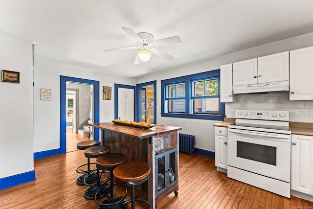5 Maple Corners Rd, Ledyard, CT 06335 - kitchen with white electric range oven, radiator, under cabinet range hood, light wood finished floors, and white cabinetry