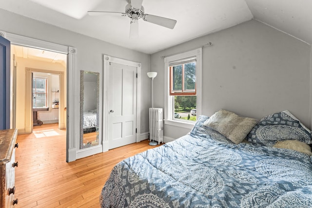 5 Maple Corners Rd, Ledyard, CT 06335 - bedroom featuring radiator heating unit, light wood-style flooring, a ceiling fan, lofted ceiling, and baseboards