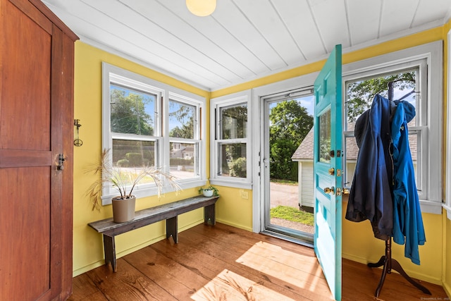 5 Maple Corners Rd, Ledyard, CT 06335 - entryway with crown molding, hardwood / wood-style floors, baseboards, and wooden ceiling