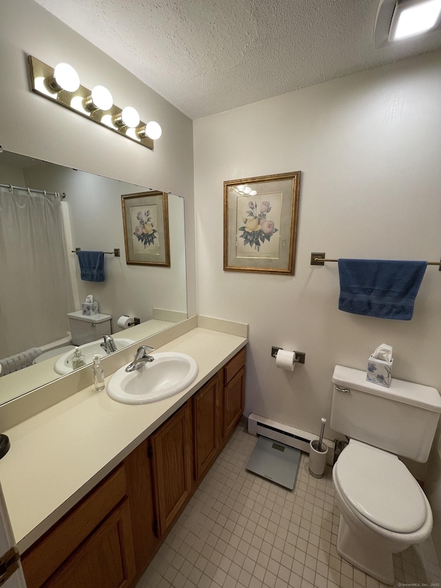 268 Hartford Tpke Apt A2, Tolland, CT 06084 - bathroom featuring toilet, a baseboard radiator, tile patterned floors, vanity, and a textured ceiling