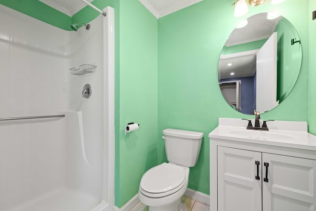 157 Mile Creek Rd, Old Lyme, CT 06371 - full bathroom featuring vanity, a stall shower, ornamental molding, and tile patterned floors