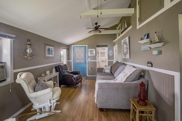 45 E St, Madison, CT 06443 - living area with lofted ceiling, wood finished floors, a ceiling fan, and wainscoting