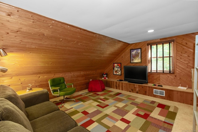 3 Dan Beard Ln, Redding, CT 06896 - living area featuring wooden walls, lofted ceiling, and carpet flooring