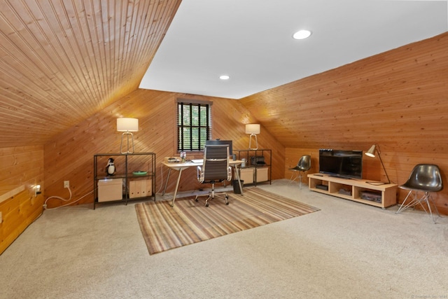 3 Dan Beard Ln, Redding, CT 06896 - carpeted office featuring wooden walls, lofted ceiling, and recessed lighting