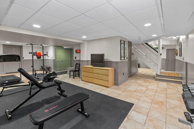 3 Dan Beard Ln, Redding, CT 06896 - workout area featuring a drop ceiling, wainscoting, recessed lighting, and light tile patterned floors