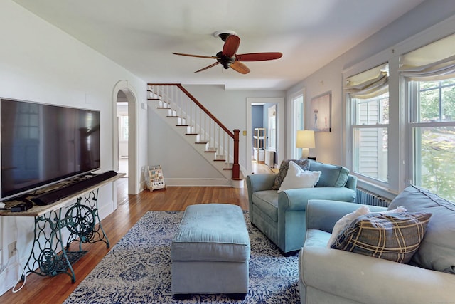 1 Yale Ave, Middlebury, CT 06762 - living area with stairway, ceiling fan, wood finished floors, and baseboards