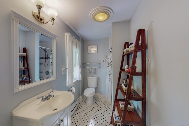 1 Yale Ave, Middlebury, CT 06762 - bathroom featuring vanity, toilet, a shower with shower curtain, baseboard heating, and baseboards