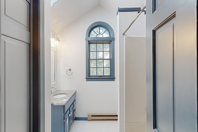 1 Yale Ave, Middlebury, CT 06762 - full bathroom featuring a baseboard radiator, vanity, vaulted ceiling, and a shower