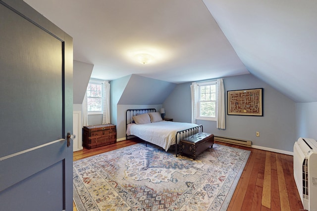 1 Yale Ave, Middlebury, CT 06762 - bedroom with a baseboard radiator, hardwood / wood-style flooring, vaulted ceiling, and heating unit