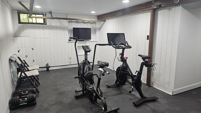 1 Yale Ave, Middlebury, CT 06762 - workout room featuring recessed lighting, wood walls, and baseboards