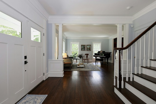 171 Cross Hwy, Redding, CT 06896 - foyer entrance with ornate columns, dark wood finished floors, ornamental molding, and stairs