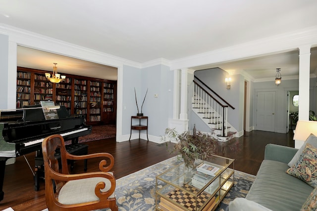 171 Cross Hwy, Redding, CT 06896 - living area featuring decorative columns, stairs, wood finished floors, ornamental molding, and baseboards