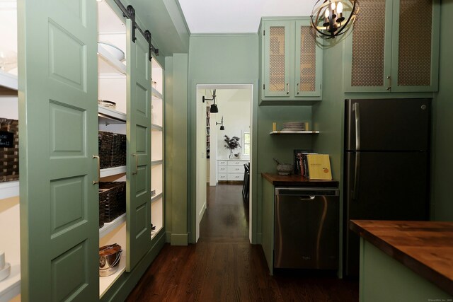 171 Cross Hwy, Redding, CT 06896 - kitchen with wood counters, green cabinetry, dark wood finished floors, dishwasher, and freestanding refrigerator