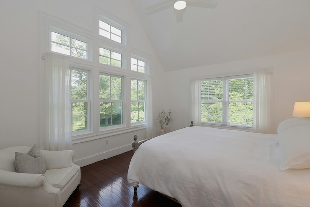 171 Cross Hwy, Redding, CT 06896 - bedroom with high vaulted ceiling, dark wood finished floors, baseboards, and a ceiling fan