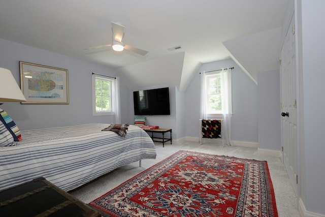 171 Cross Hwy, Redding, CT 06896 - bedroom with light colored carpet, lofted ceiling, ceiling fan, and baseboards