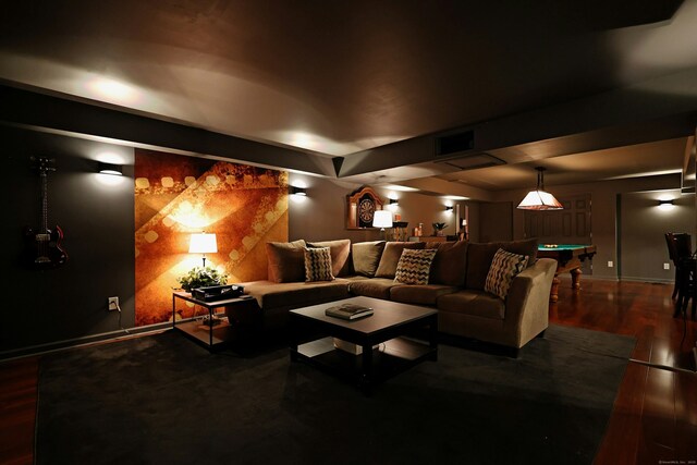 171 Cross Hwy, Redding, CT 06896 - home theater room featuring an accent wall, billiards table, wood finished floors, and baseboards