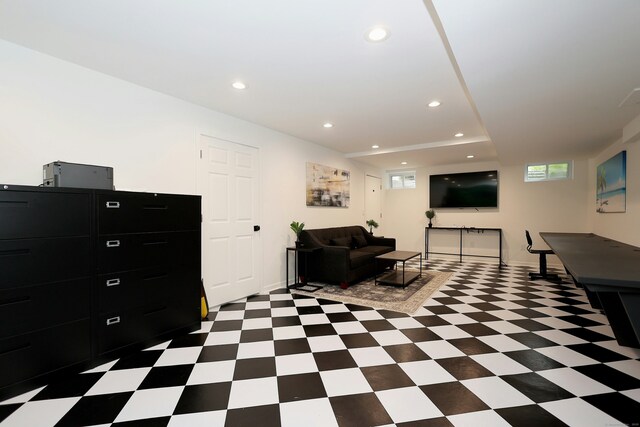 171 Cross Hwy, Redding, CT 06896 - living area with plenty of natural light, tile patterned floors, recessed lighting, and baseboards