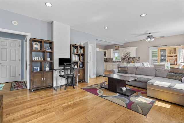 100 Boston Ter, Bridgeport, CT 06610 - living area with light wood-type flooring, a ceiling fan, an office area, and recessed lighting