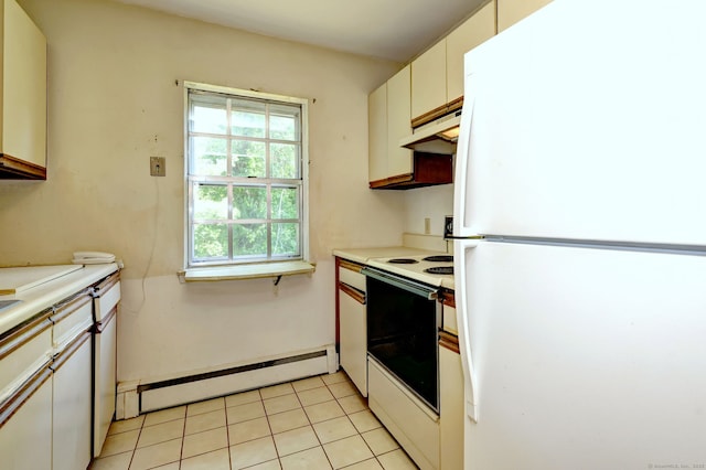 1120 New Haven Ave Apt 142, Milford, CT 06460 - kitchen with white appliances, a baseboard heating unit, under cabinet range hood, light countertops, and white cabinetry