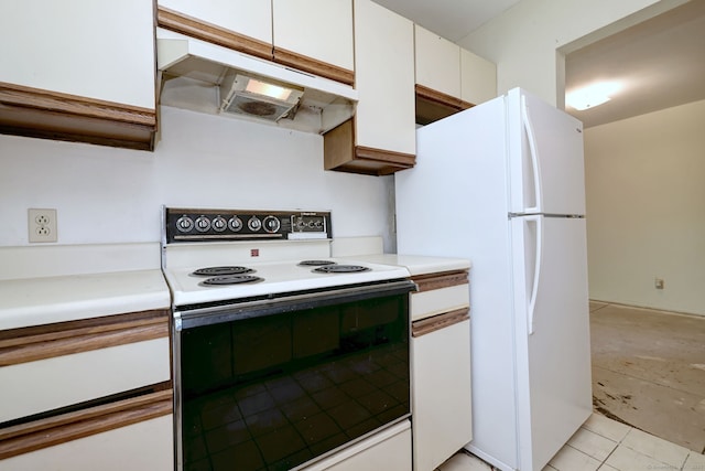 1120 New Haven Ave Apt 142, Milford, CT 06460 - kitchen featuring white appliances, under cabinet range hood, white cabinetry, light countertops, and light tile patterned floors
