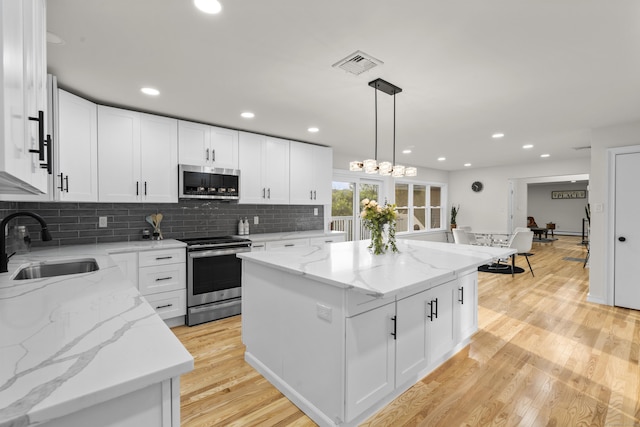 4 Wanzer Hill Rd, Sherman, CT 06784 - kitchen with stainless steel appliances, a sink, a center island, tasteful backsplash, and white cabinetry