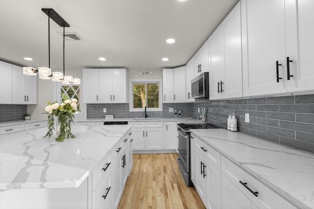 4 Wanzer Hill Rd, Sherman, CT 06784 - kitchen with stainless steel appliances, a sink, backsplash, white cabinetry, and recessed lighting