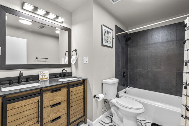 4 Wanzer Hill Rd, Sherman, CT 06784 - full bathroom with double vanity, toilet, shower / tub combo, baseboards, and tile patterned flooring
