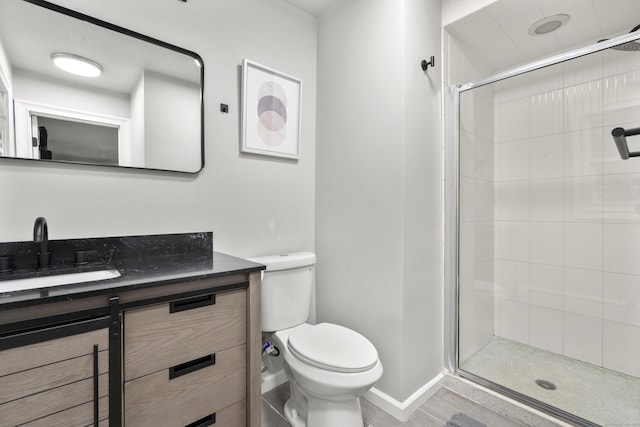 4 Wanzer Hill Rd, Sherman, CT 06784 - bathroom featuring toilet, vanity, baseboards, and a stall shower