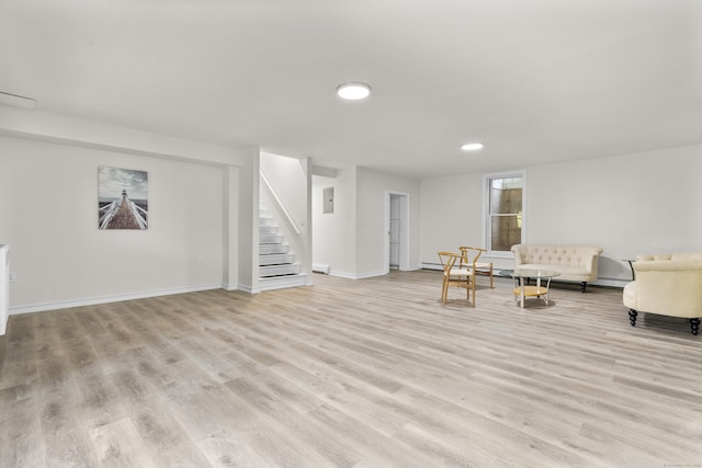 4 Wanzer Hill Rd, Sherman, CT 06784 - living room featuring stairs, light wood-style flooring, and baseboards