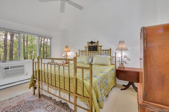 424 Trailsend Dr Unit 424, Torrington, CT 06790 - bedroom featuring carpet, vaulted ceiling, a baseboard heating unit, and a ceiling fan