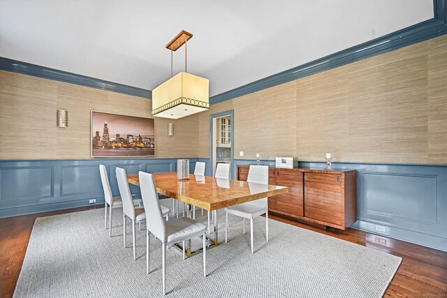 6 Coachlamp Ln, Greenwich, CT 06830 - dining area featuring a decorative wall, dark wood-style flooring, and wainscoting