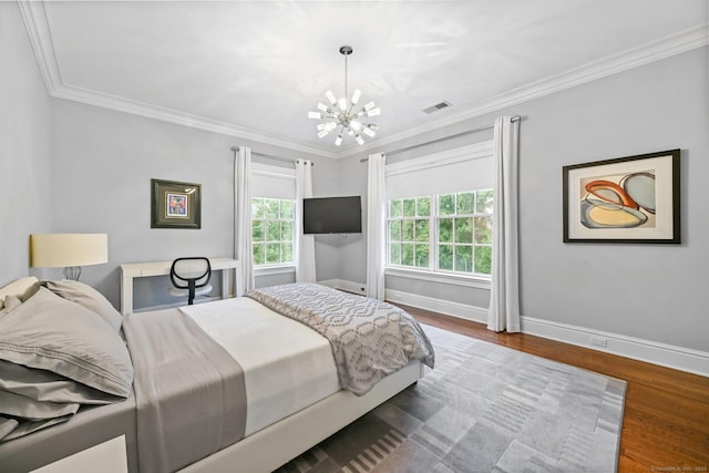 6 Coachlamp Ln, Greenwich, CT 06830 - bedroom featuring a chandelier, ornamental molding, baseboards, and wood finished floors