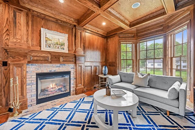 6 Coachlamp Ln, Greenwich, CT 06830 - living area with wooden ceiling with exposed beams, wood walls, a fireplace, coffered ceiling, and recessed lighting