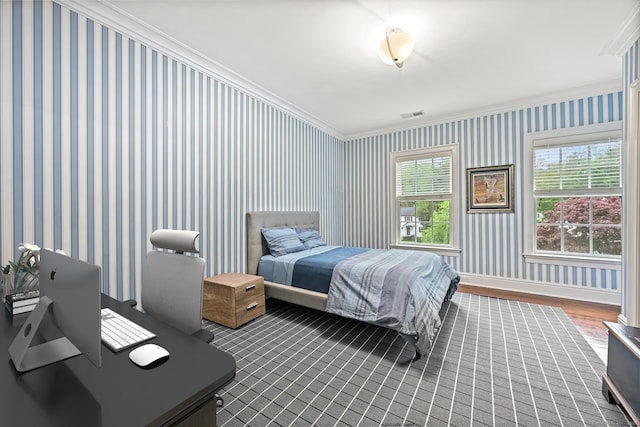 6 Coachlamp Ln, Greenwich, CT 06830 - bedroom with ornamental molding, wood finished floors, and wallpapered walls