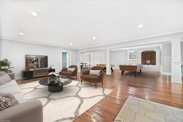6 Coachlamp Ln, Greenwich, CT 06830 - living room featuring billiards table, ornamental molding, recessed lighting, light wood-style flooring, and baseboards