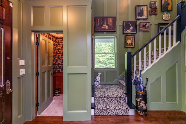 78 Garnet Rd, Roxbury, CT 06783 - foyer featuring a decorative wall, stairway, and wood finished floors