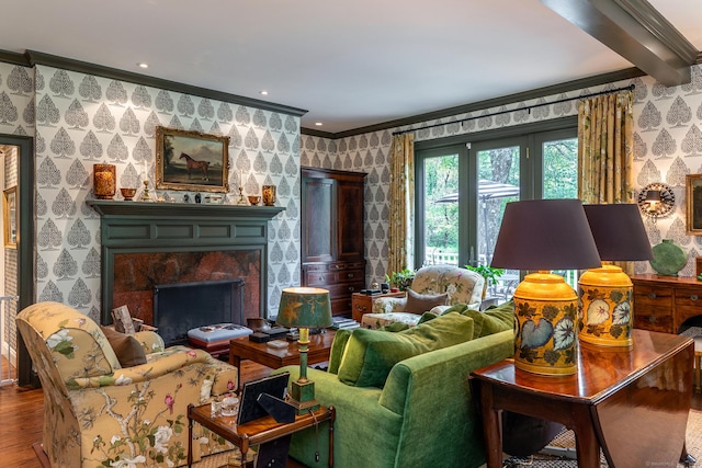 78 Garnet Rd, Roxbury, CT 06783 - living area featuring ornamental molding, a fireplace, wood finished floors, and wallpapered walls