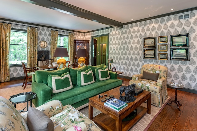78 Garnet Rd, Roxbury, CT 06783 - living room with ornamental molding, wood finished floors, and wallpapered walls