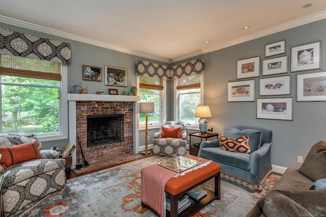 78 Garnet Rd, Roxbury, CT 06783 - living area featuring plenty of natural light, crown molding, a fireplace, wood finished floors, and baseboards