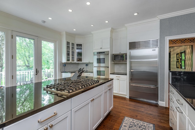 78 Garnet Rd, Roxbury, CT 06783 - kitchen with built in appliances, dark countertops, tasteful backsplash, recessed lighting, and ornamental molding